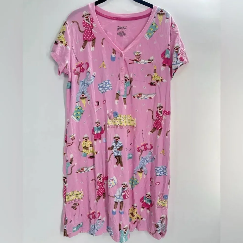 Nick & Nora Sock Monkey Sleepshirt Nightgown Pajama Party Pillow Fight Pink L